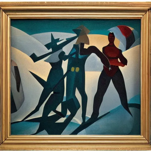 Prompt: oil on masonite painting by aaron douglas