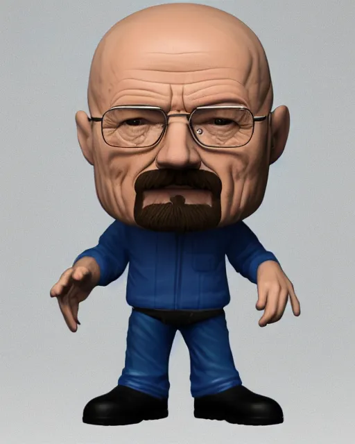 Image similar to full body 3d render of Walter White as a funko pop, studio lighting, white background, blender, trending on artstation, 8k, highly detailed