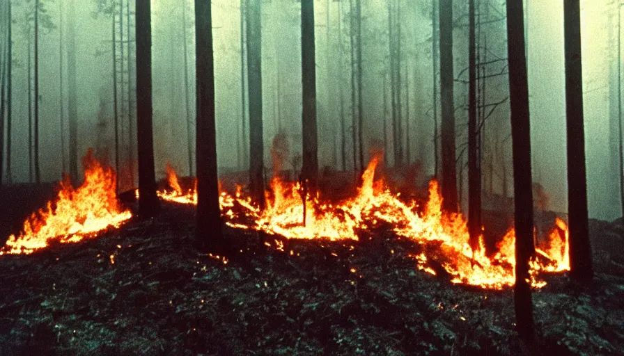 Image similar to 1 9 7 0 s movie still of a burning house in a pine forest, cinestill 8 0 0 t 3 5 mm, high quality, heavy grain, high detail, texture, dramatic light, ultra wide lens, panoramic anamorphic, hyperrealistic,