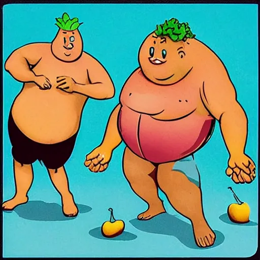Image similar to a photo of fat men in swimsuits wrestling giant fruit and vegetables squashed and juicy all over the floor.