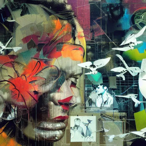 Prompt: a daydreaming hacker is surrounded by birds, neon virtual networks, and information visualization, oil on canvas by dave mckean and yoji shinkawa