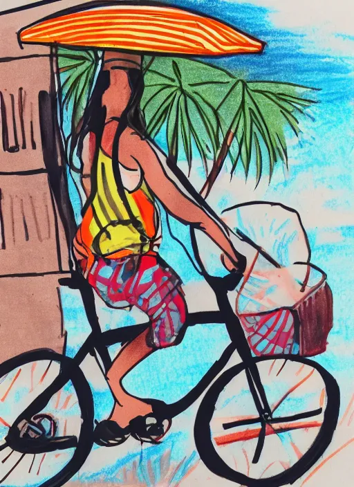 Image similar to drawing of a atlanta urban outfitters style riding a bike going to the beach