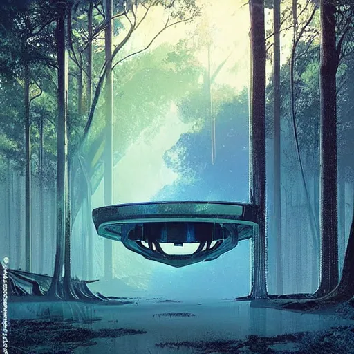 Image similar to floating derelict portal in a middle of a futuristic forest, world seen only through a portal, daylight, cinematic lighting, blue sky, syd mead, john harris