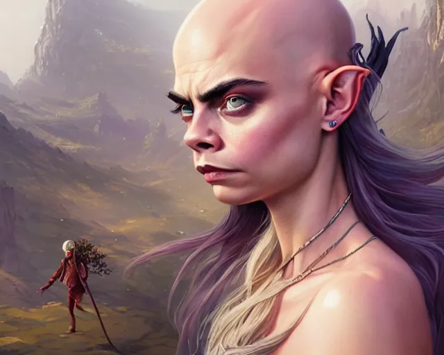 Image similar to highly detailed portrait of cara delevingne as a bald elf, in gta v, stephen bliss, unreal engine, fantasy art by greg rutkowski, loish, rhads, ferdinand knab, makoto shinkai and lois van baarle, ilya kuvshinov, rossdraws, tom bagshaw, global illumination, radiant light, detailed and intricate environment