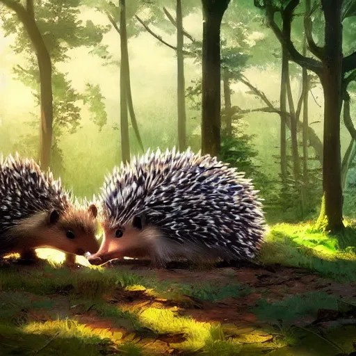 Image similar to a family of hedgehogs in the forest, in the style of makoto shinkai and greg rutkowski and james gurney