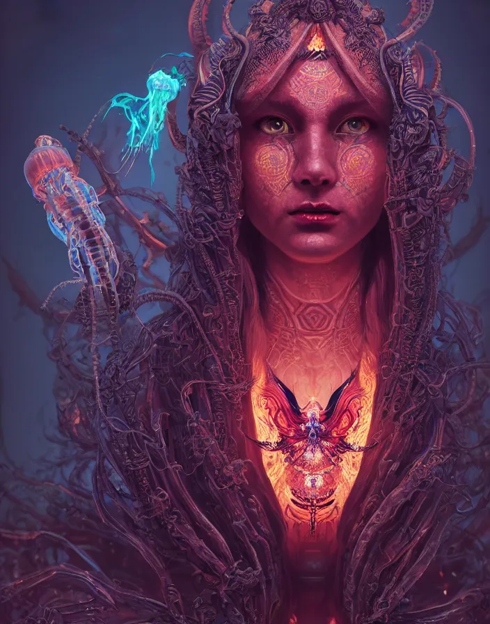 Prompt: demon goddess close-up portrait tribal beautiful slavic russian monk in hooded princess queen, ancient high tech, cyberpunk, dystopian, jellyfish phoenix dragon, butterfly squid, burning halo, intricate artwork by Tooth Wu and wlop and beeple, greg rutkowski, very coherent symmetrical artwork, cinematic, hyper realism, high detail, octane render, unreal engine, 8k, Vibrant colors, Smooth gradients, High contrast, depth of field, aperture f1.2