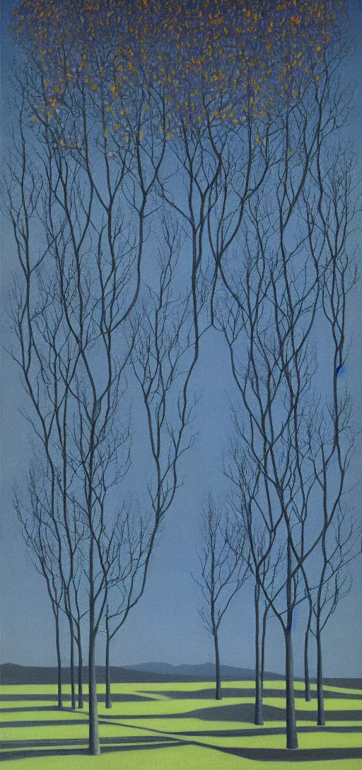 Image similar to Park on an Autumn night by Rene Magritte. Long surreal shadows. Blue.