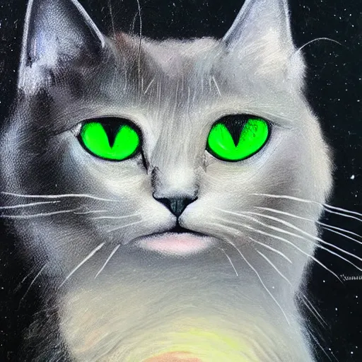 Prompt: spectacular oil painting of a black cat with bright green eyes floating through a nebula