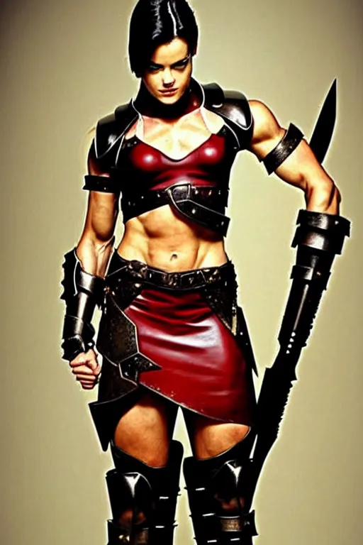 Prompt: realistic photograph. female warrior, 2 7 years old. jaimie alexander. her hair is short, straight, raven - black. fair - complected but tan. tall and gracile, except for her thick ripped vascular buff muscular arms and her ample bust. she wears sleeveless modest practical red & black leather armor with golden highlights that leaves only her muscular arms exposed.