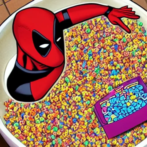 Prompt: Deadpool at home swimming in a bathtub full of fruity pebbles cereal