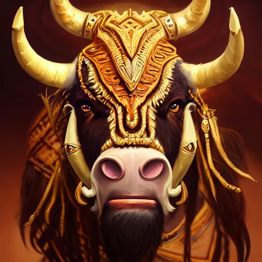 Prompt: Portrait of a Tauren chieftan, golden accents, face, fantasy, intricate, elegant, highly detailed, digital painting, artstation, concept art, smooth, sharp focus, illustration, art by Wei Fan and Fernanda Suarez and Artem Demura and alphonse mucha