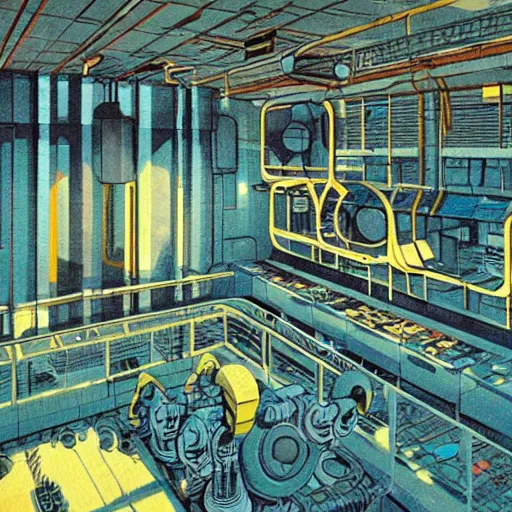 Image similar to a scifi illustration, factory interior. seen from above in FANTASTIC PLANET La planète sauvage animation by René Laloux