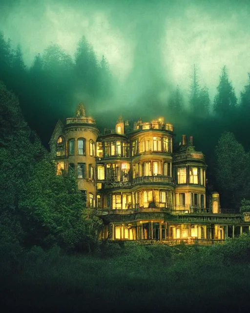 Image similar to a wide angle low photo of a colossal haunted victorian mansion on the edge of a cliff above a misty forest at night, saturated color, volumetric light, epic proportions, ectoplasm, mystical, occult, alchemy, ultra detailed, 8 k