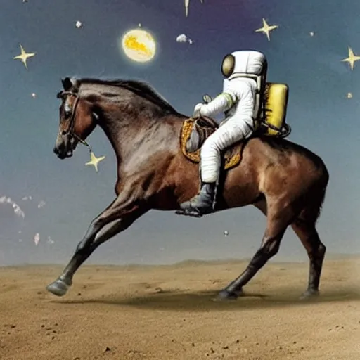 Prompt: a horse rides an astronaut on the moon