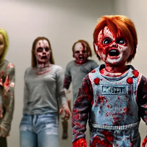 Image similar to Chucky the killer doll from the movie Child's Play surrounded by zombies in a still from the movie Dawn of the Dead 8k hdr