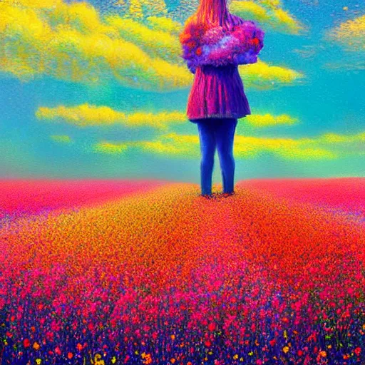 Image similar to vast flower face, girl standing in a flower field, surreal photography, sunrise dramatic light, impressionist painting, colorful clouds, digital painting, pointillism, artstation, simon stalenhag