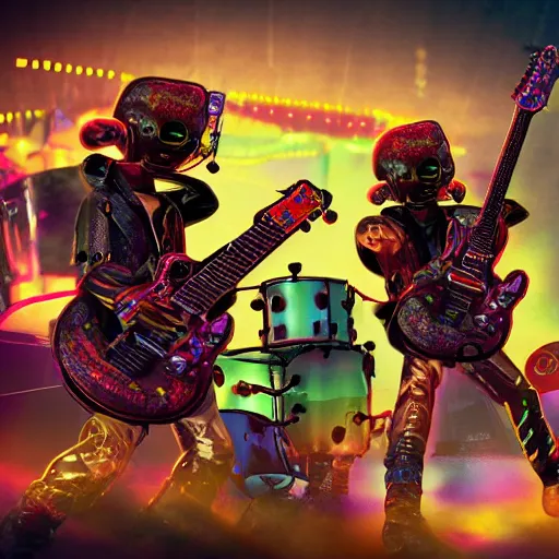 Prompt: album art, rockband with 3 steampunk robots playing guitar and drums, the letters robos rock, 8 k, flourescent colors, halluzinogenic, multicolored, insanely integrate, front shot, 3 d render, octane