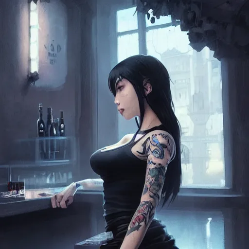 Prompt: enchanting bar maid, tattoos, black t - shirt, black skirt, detailed portrait, intricate complexity, by greg rutkowski, artgerm, ross tran, conrad roset, takato yomamoto, ilya kuvshinov. 4 k, beautiful, cinematic dramatic atmosphere