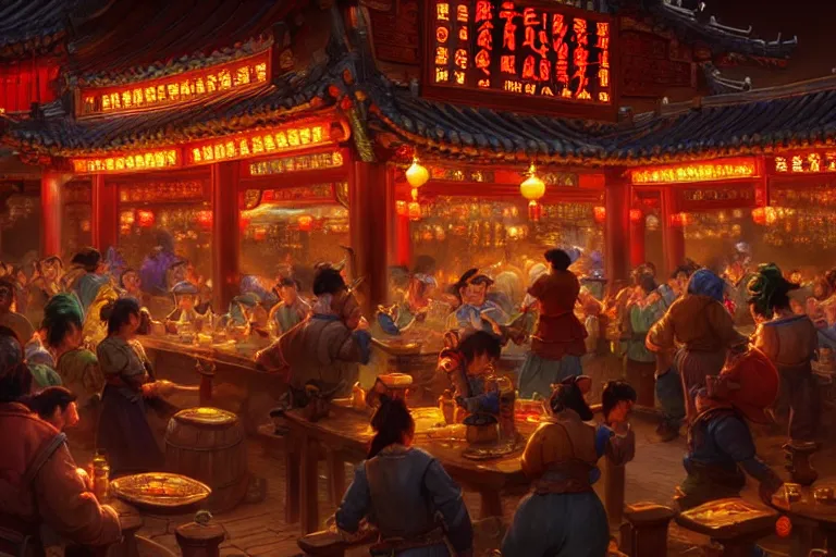 Image similar to fantasy art of a bustling tavern in china, at night, by justin gerard, highly detailed digital art, trending on artstation
