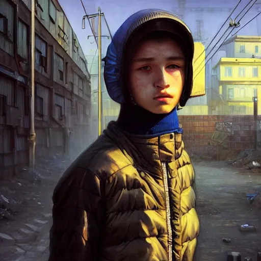 Image similar to A portrait of a cyberpunk gopnik teenager on the street of a Soviet slum on the moon, Norilsk, sci-fi, fantasy, intricate, very very beautiful, elegant, highly detailed, digital painting, artstation, concept art, smooth, sharp focus, illustration, art by artgerm and greg rutkowski and alphonse mucha