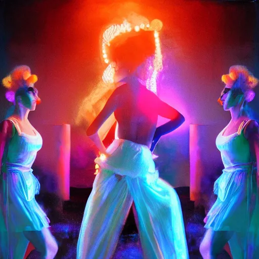 Image similar to vogue ball, smoke, neon, dancers, bright costumes, beautiful people, performance, bright lights beautiful fantasy detailed trending on artstation, oil painting, dramatic lighting, eterea, high quality print, fine art with subtle redshift rendering