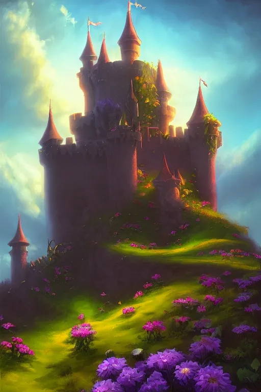 Image similar to fantasy castle flowers and fantasy sky, andreas rocha style