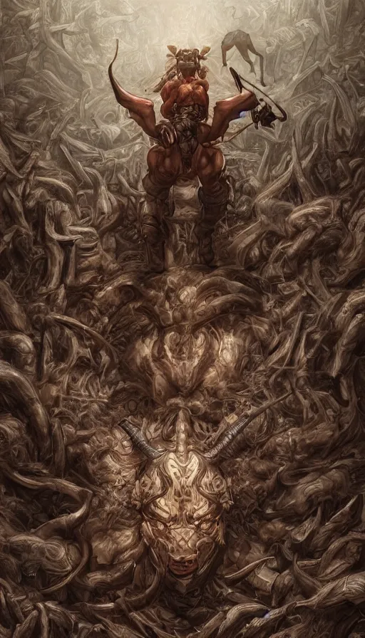 Image similar to A picture of an Minotaur in a Maze, by Ayami Kojima, studio ghibli, cinematic lighting, intricate, highly detailed, digital painting, trending on artstation, Illustration, epic scale