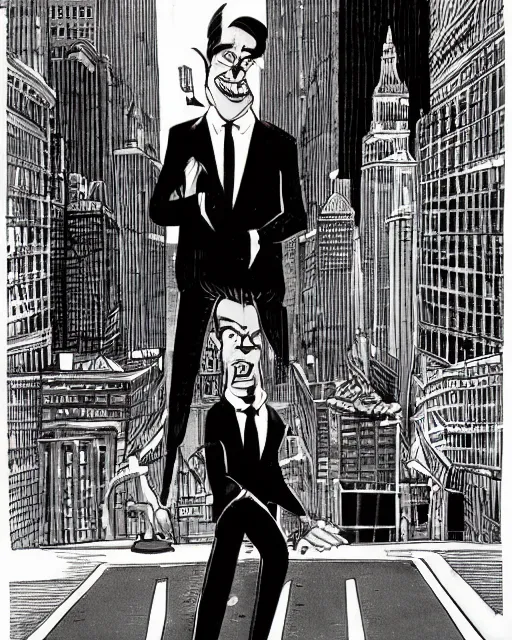 Prompt: sinister smug male antagonist in suit, uptown'wall street'city street, artwork by ralph bakshi