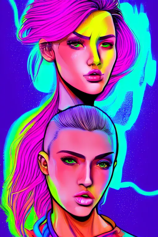 Prompt: a award winning half body portrait of a beautiful woman with stunning eyes in a croptop and cargo pants with rainbow colored ombre hairstyle head in motion and hair flying by josan gonzales, neon outlines, outrun, vaporware, shaded flat illustration, digital art, trending on artstation, highly detailed, fine detail, intricate