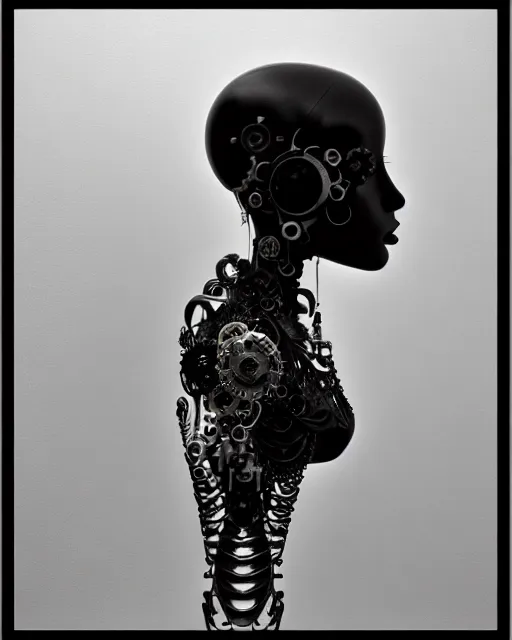 Image similar to black and white dreamy foggy profile face portrait, one steampunk eye biomechanical beautiful young female cyclope - cyborg - robot bust, body ribs meshes,, volumetric light, hibiscus flowers, by hg giger, rim light, by dora maar and cecile beaton, big gothic fashion pearl embroidered collar, 8 k