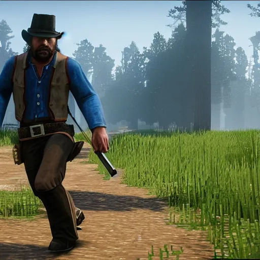 Prompt: steeve from minecraft killing arthur from red dead redemption 2 using nuke