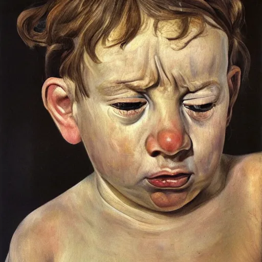 Image similar to Oil painting Portrait of a crying child, by Lucian Freud, Abstract brush strokes, Masterpiece