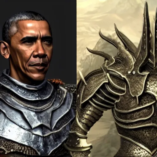 Image similar to barack obama wearing daedric armor in skyrim