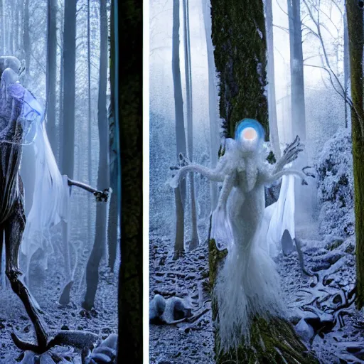 Prompt: humanoid ethereal ghostly live action muppet wraith like figure with a squid shaped parasite overtaking its head with two arms and four long tentacles for arms growing from its back that flow gracefully at its sides while it floats around the frozen woods searching for lost souls and that hide in the shadows in the trees, this character can control the ice, snow, shadows, and electricity, it is a real muppet by sesame street, photo realistic, real, realistic, felt, stopmotion, photography, sesame street