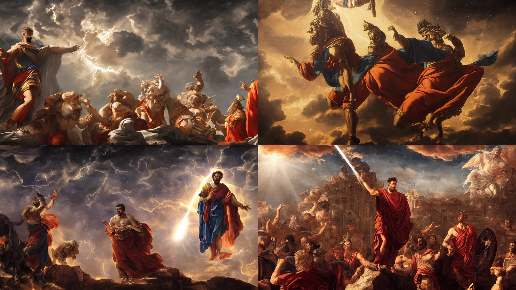 Prompt: a roman emperor using magic to open a void in the sky of roma leading to the universe, insanely detailed painting, chiaroscuro composition, artstation,