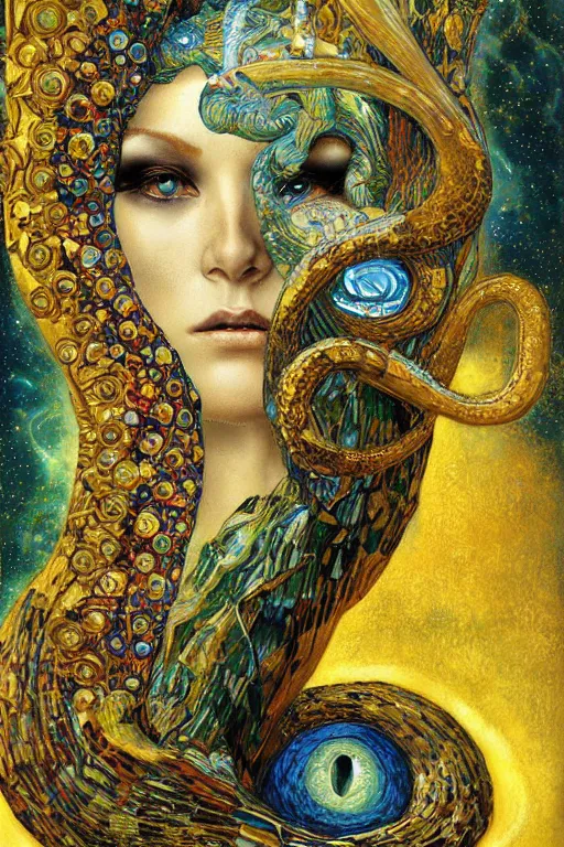 Image similar to Rebirth by Karol Bak, Jean Deville, Gustav Klimt, and Vincent Van Gogh, portrait of a sacred serpent, Surreality, radiant halo, shed iridescent snakeskin, otherworldly, fractal structures, celestial, arcane, ornate gilded medieval icon, third eye, spirals