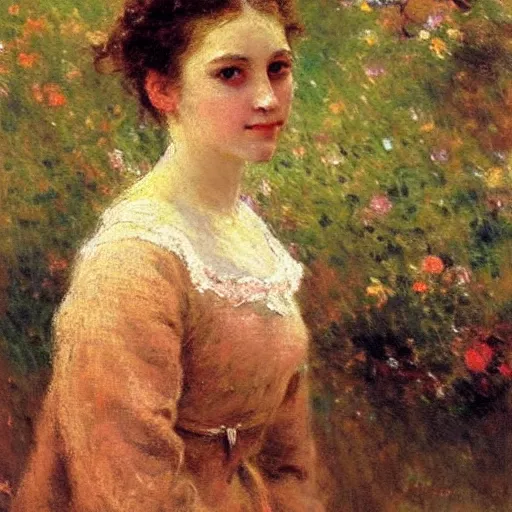 Image similar to portrait of a young woman, impressionism, realism, landscape, portrait, romanticism, painting by nikolay makovsky