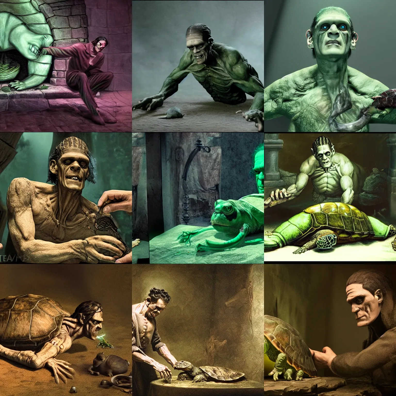 Prompt: foto of frankenstein reanimating a turtle, restored to color, pathtracing 4 k