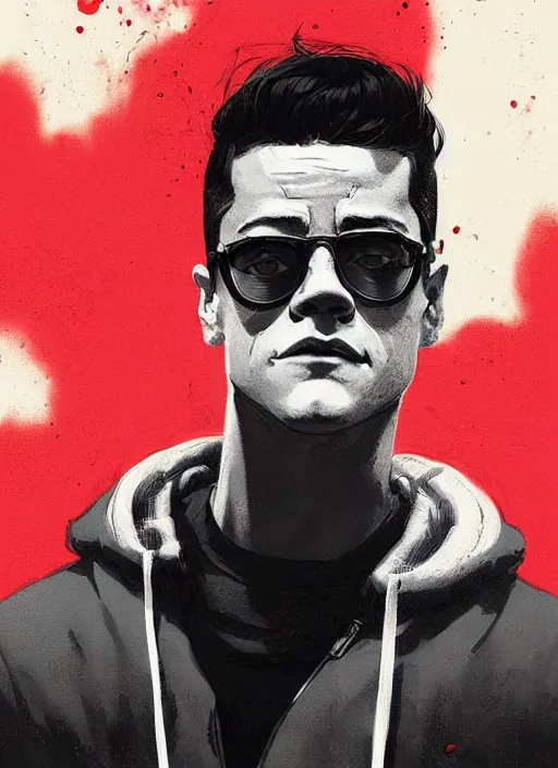 Prompt: highly detailed closeup portrait of rami malek, elliot alderson, black hoody by atey ghailan, by greg rutkowski, by greg tocchini, by james gilleard, by joe fenton, by kaethe butcher, gradient red, black and white color scheme, grunge aesthetic!!! ( ( graffiti tag wall background ) )