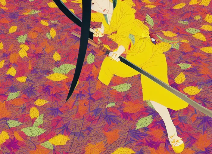 Image similar to breathtaking detailed pattern pastel colors, action scene from kill bill, with uma thurman ( kill bill ) in yellow kimono, swinging katana sword and autumn leaves, by hsiao - ron cheng, exquisite detail, enhanced eye detail