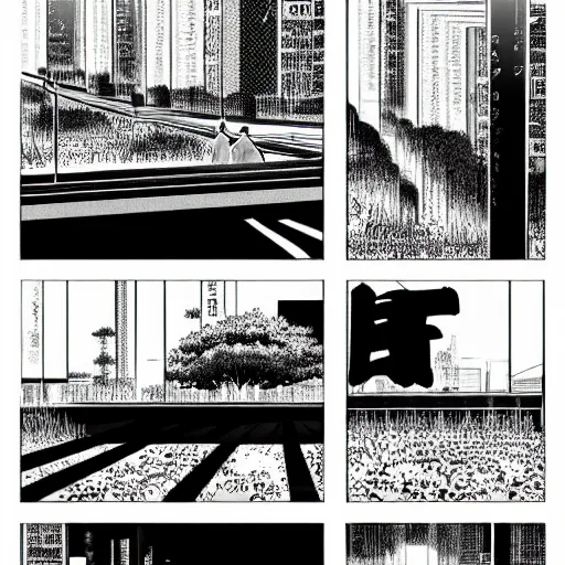 Image similar to a manga vignette with a japanese urban geometrical landscape, black and white, in style of inio asano