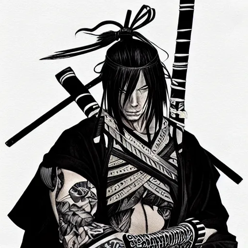 Image similar to silhouette of a heavily tattooed Kenshin the Samurai Warrior illustration, medium shot, intricate, elegant, highly detailed, digital art, ffffound, art by JC Leyendecker and sachin teng