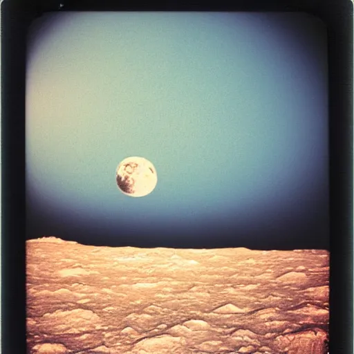 Image similar to the earth rising behind the moon's surface, taken by a polaroid camera.