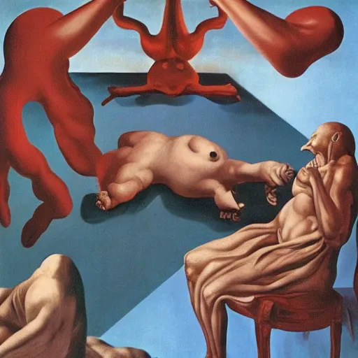 Prompt: problem of evil, godless, symbolic, freudian, by dali, by de chirico, by magritte, by paula rego, by neo rauch