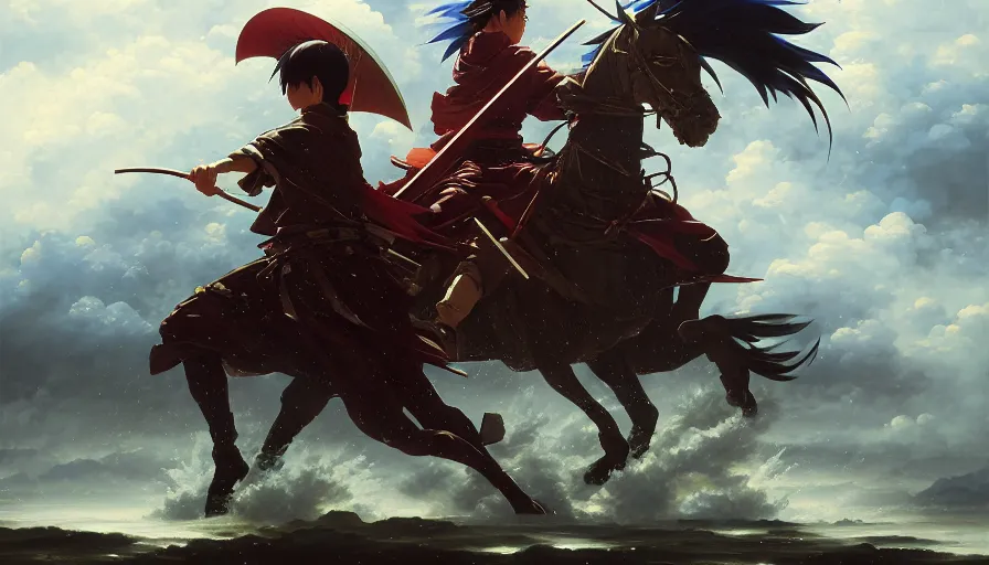 Image similar to baroque oil painting of key visual epic samurai war, rain, storm, realism, fake detail, trending pixiv fanbox, acrylic palette knife, style of makoto shinkai takashi takeuchi yoshiyuki sadamoto greg rutkowski chiho aoshima, artstation, manga