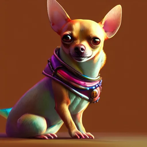 Prompt: humanoid chihuahua living in an extradimensional reality where it is a god, in the style of wlop, illustration, epic, fantasy, hyper detailed, smooth, unreal engine, sharp focus, ray tracing, physically based rendering, renderman, beautiful