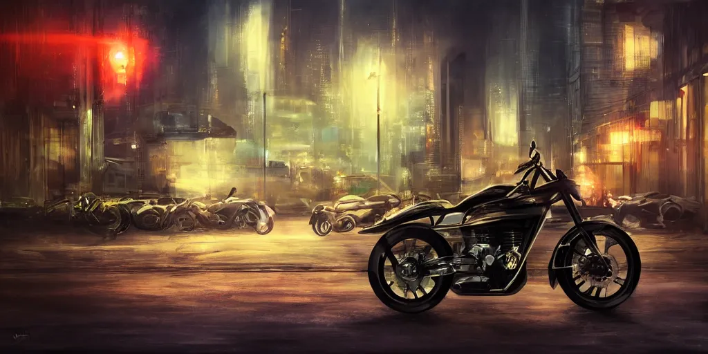 Image similar to motorcycle in a futuristic cityscape at night, soft lighting, realistic painting