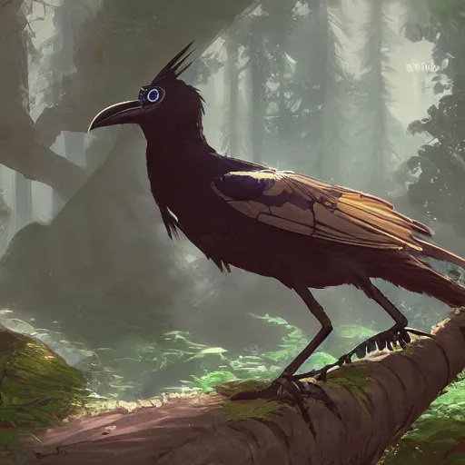 Image similar to concept art painting of an anthropomorphic steampunk crow, in the deep forest, realistic, detailed, cel shaded, in the style of makoto shinkai and greg rutkowski and james gurney