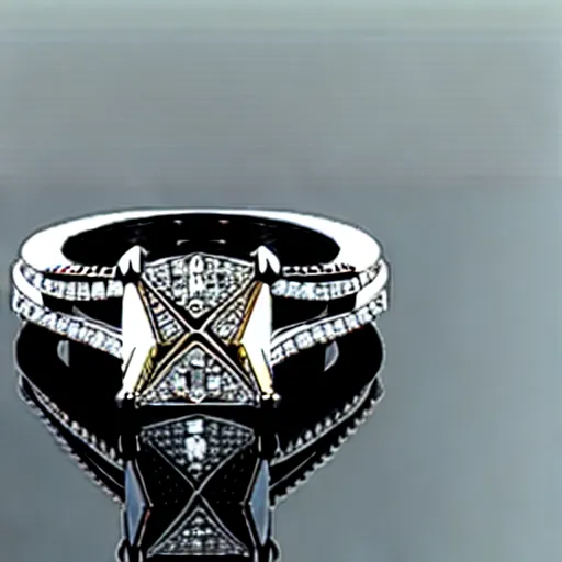 Image similar to sketch of engagement ring with two smaller diamonds outside and one bigger diamond in the middle, hyper detailed