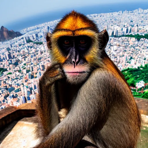 Image similar to high quality portrait of a monkey in front of Christ The Redeemer, studio photograph, photograph, realistic photo, 8k photo, 4k photo, stock photo, high resolution, cinematic shot, high detail